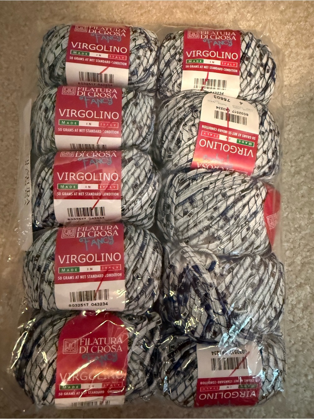 Yarn, Filatura Di Crosa Virgolino Variegated White & Navy Yarn - 10 Balls